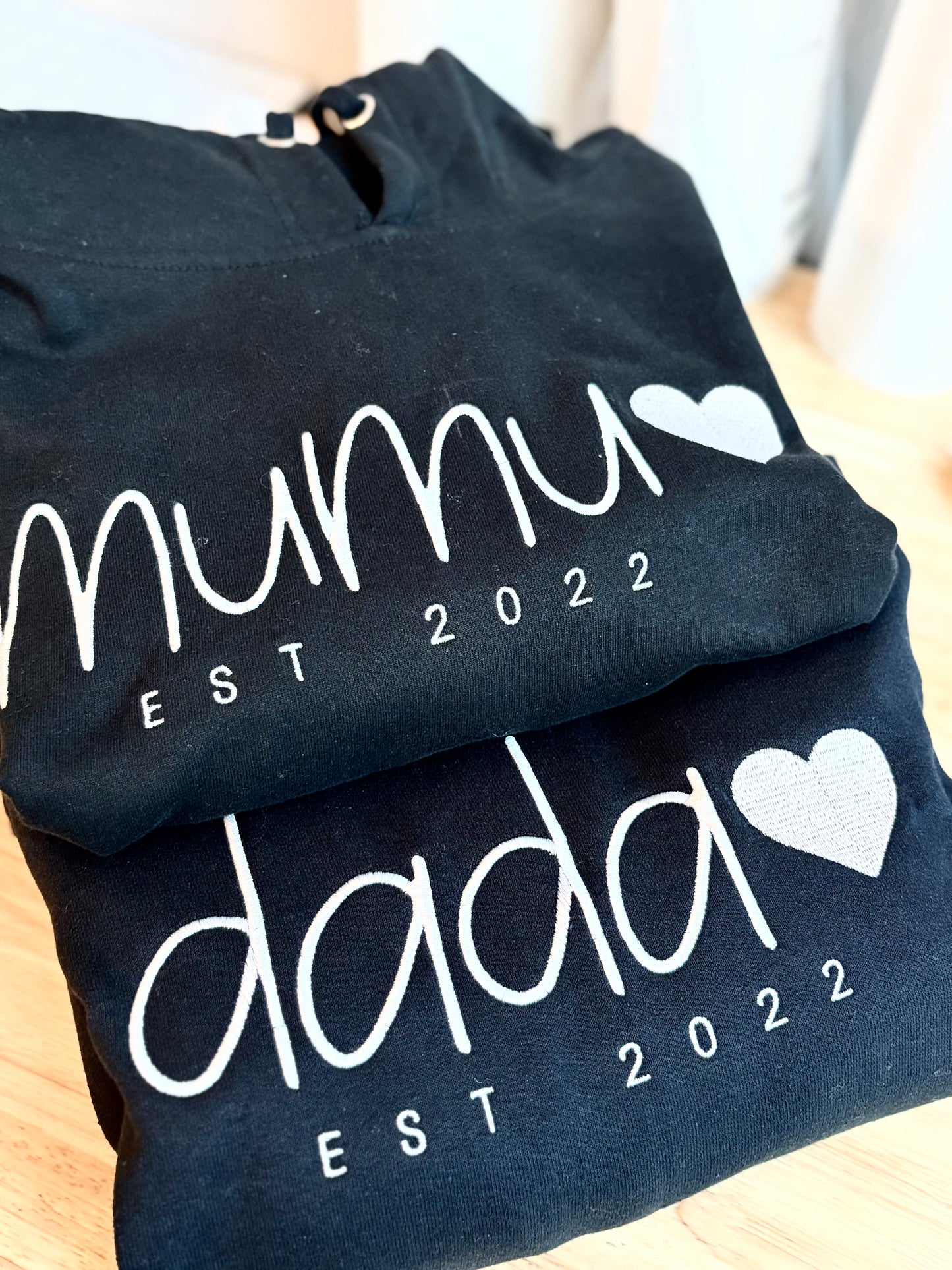 Mama with EST  and names on sleeves Embroidered Hoodies