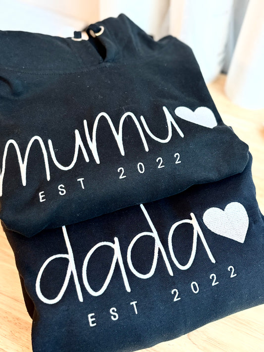 Mama with EST  and names on sleeves Embroidered Hoodies