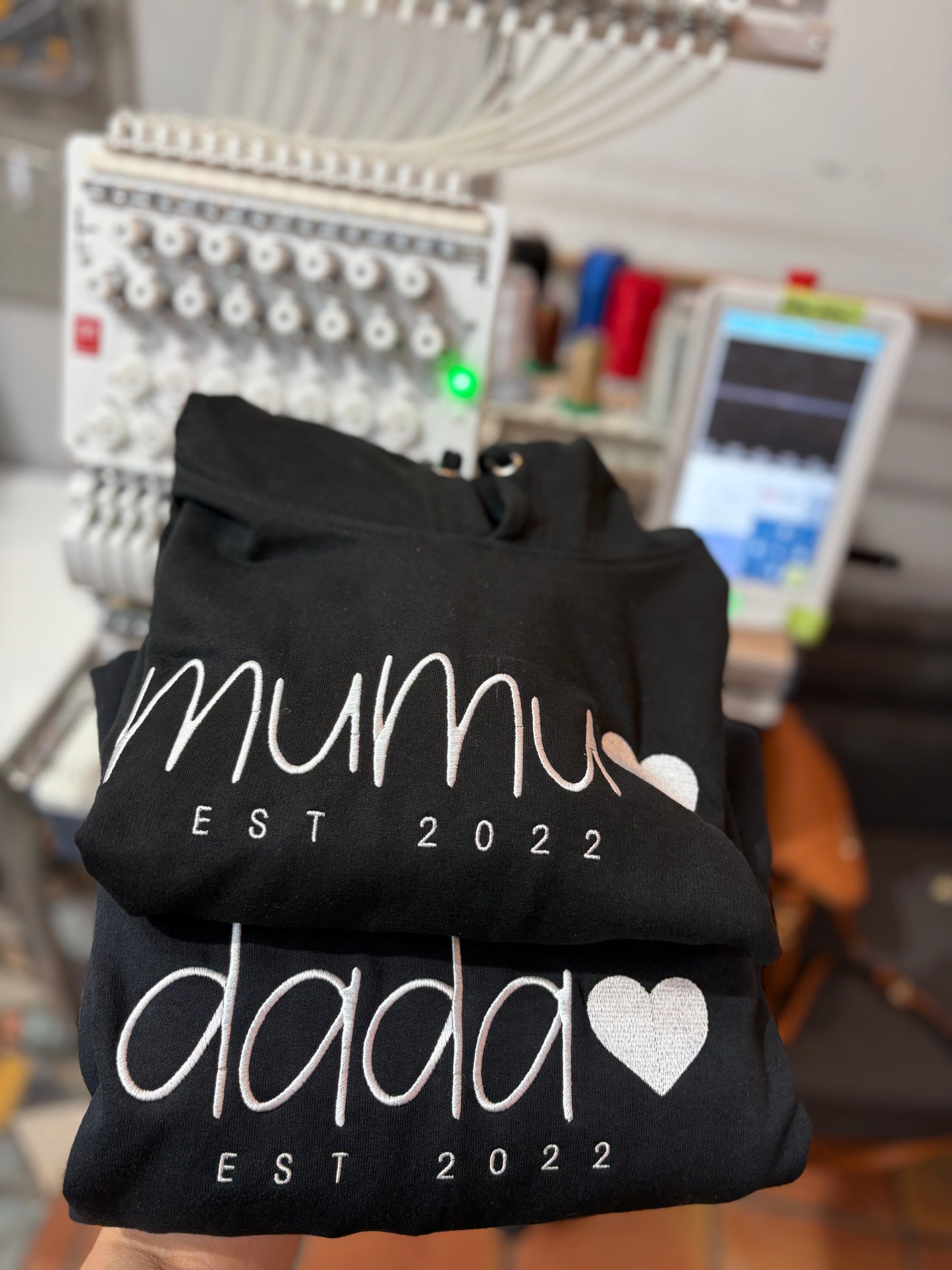 Mama with EST  and names on sleeves Embroidered Hoodies