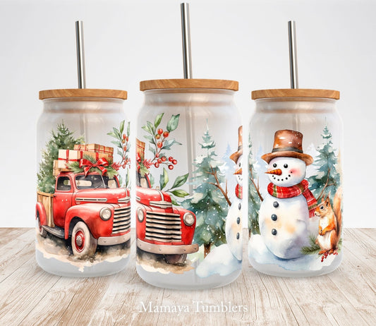 Christmas 16oz Glass Red truck with gifts Snowman Winter Tree Holiday UV Transfer